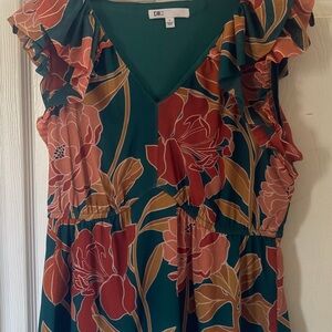 DR2 Teal Floral V-Neck shirt  with Rust & Mustard Blooms